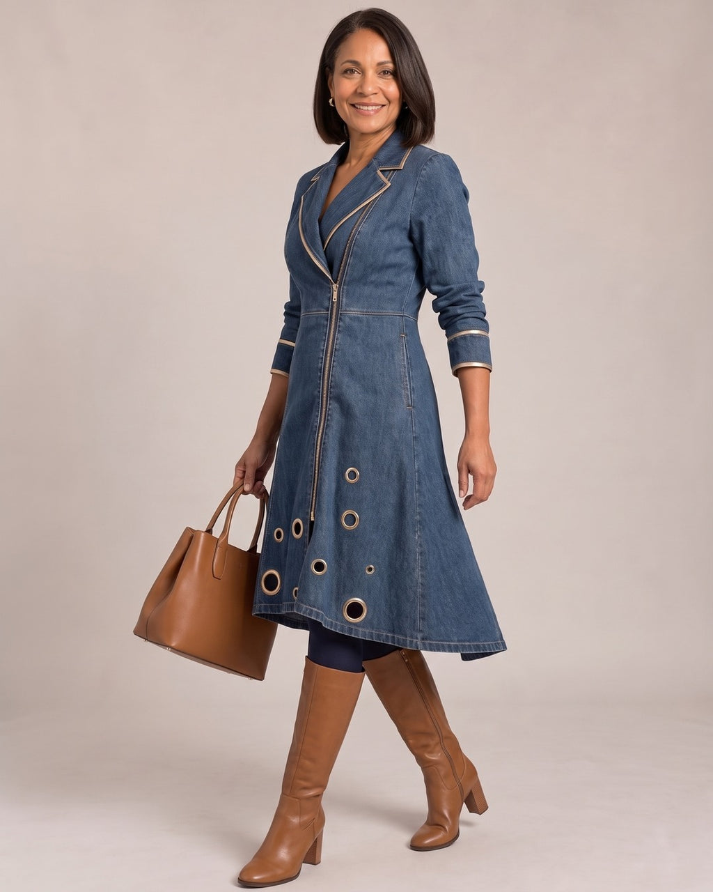 Lapel-Collar Zip Midi Dress worn by a model, side view