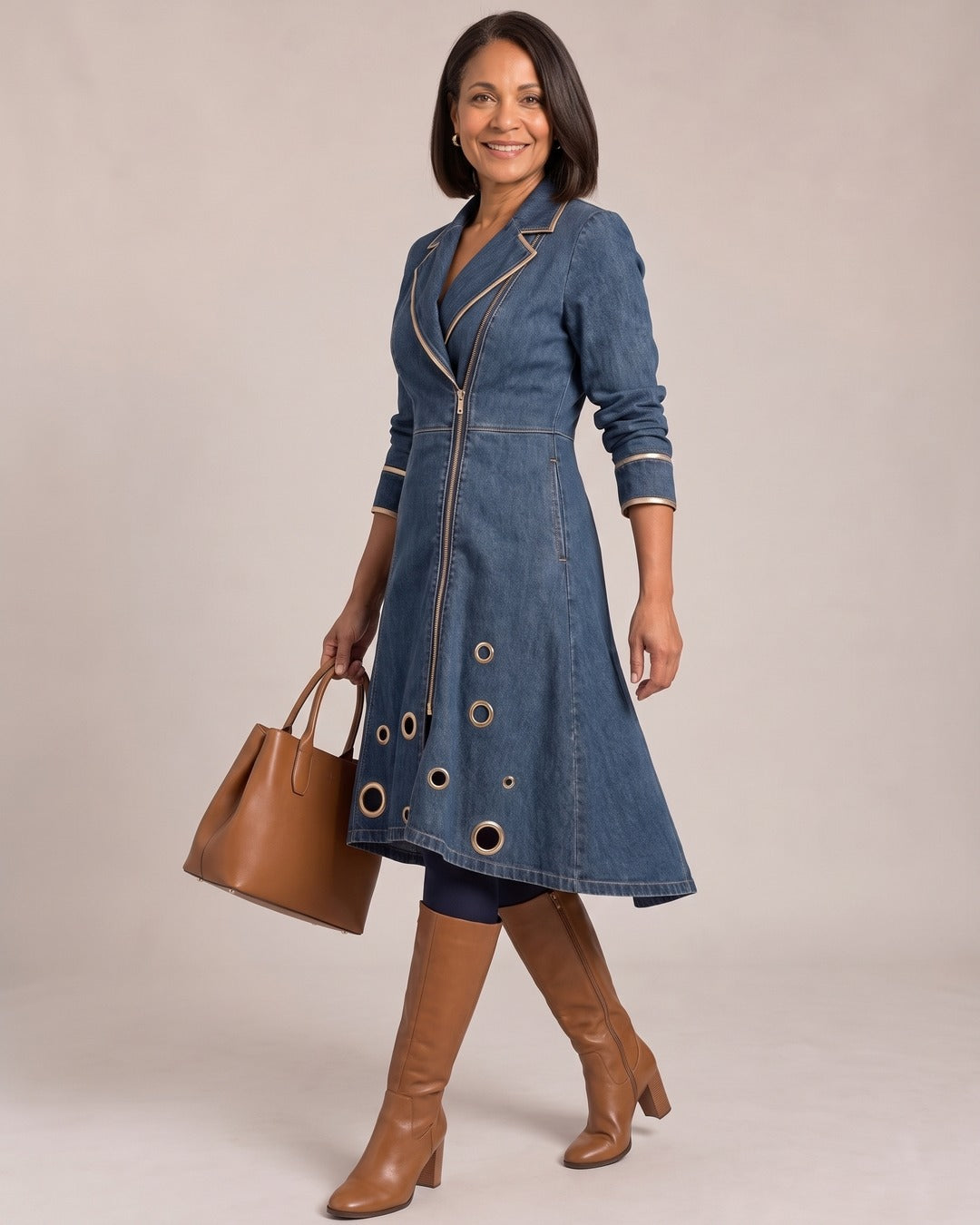 Lapel-Collar Zip Midi Dress worn by a model, side view