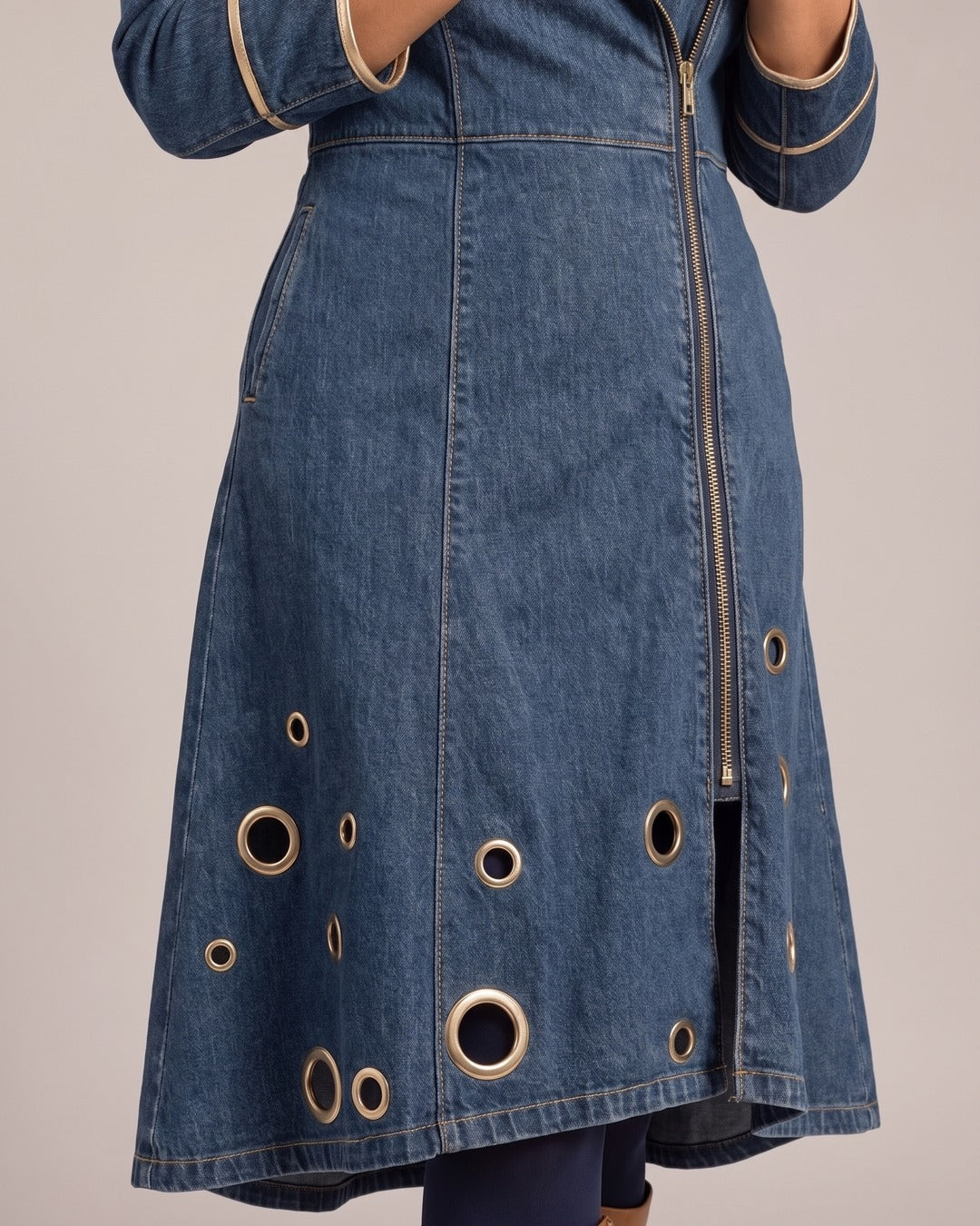 Lapel-Collar Zip Midi Dress close-up detail