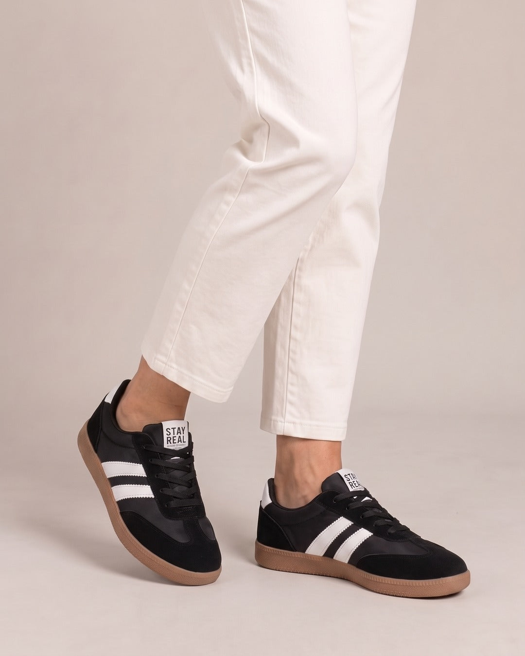 Striped Suede-Look Trainer in Black, worn
