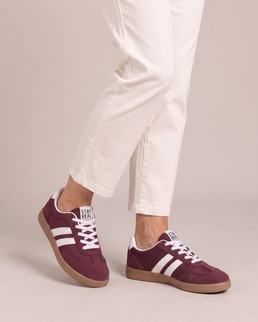 Striped Suede-Look Trainer in Burgundy, worn
