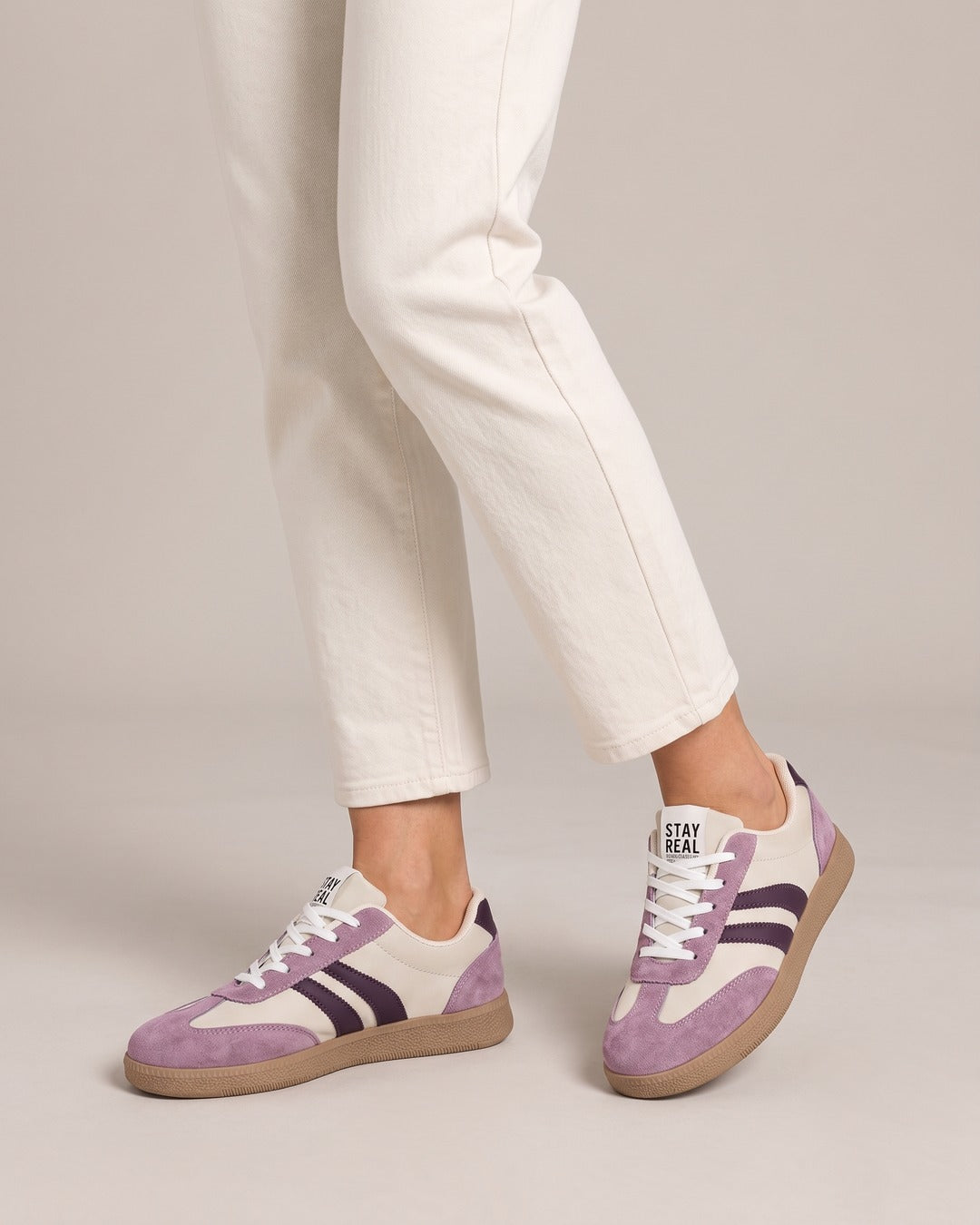 Striped Suede-Look Trainer in Lilac, worn