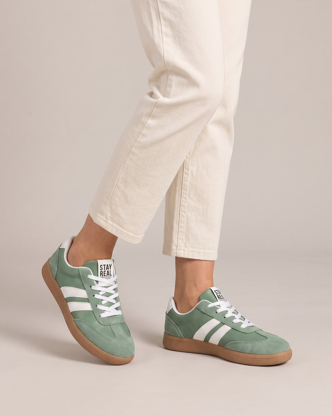 Striped Suede-Look Trainer in Sage Green, worn