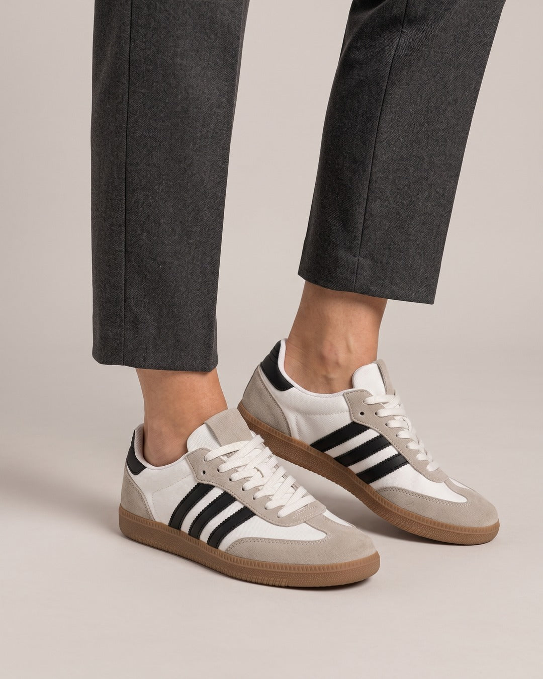 Striped Suede-Look Trainer in White, worn