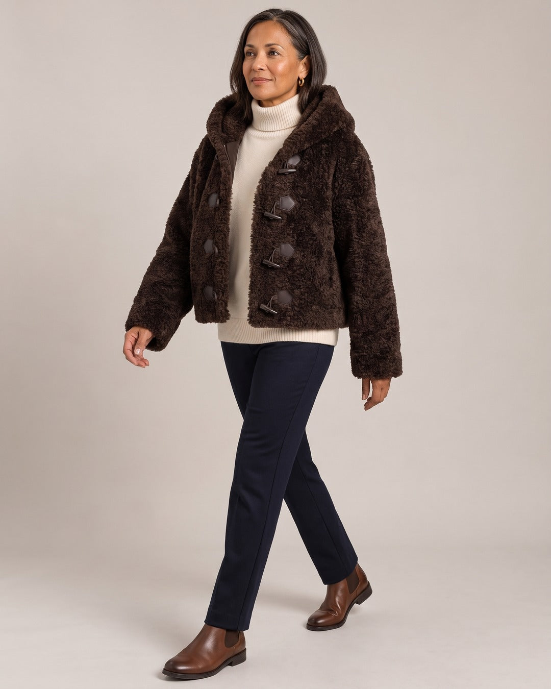 Hooded Teddy Toggle Jacket worn by a model