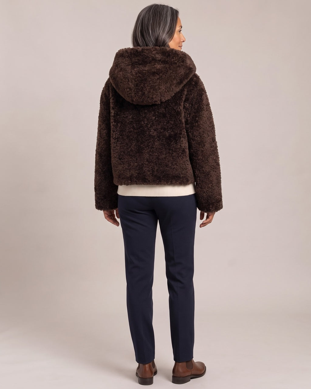 Hooded Teddy Toggle Jacket worn by a model, back view