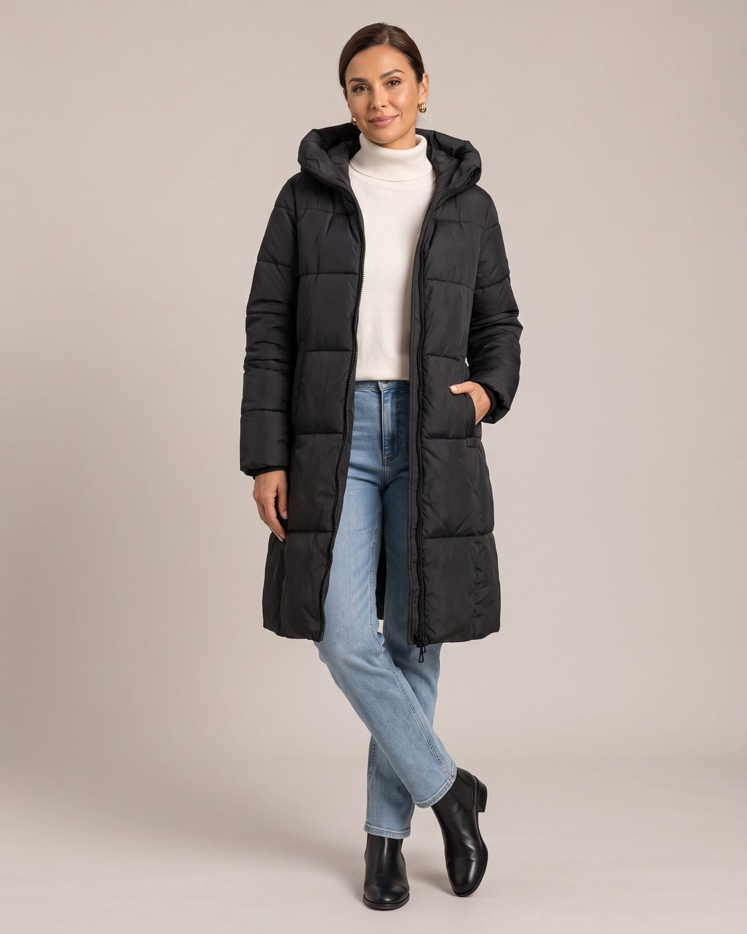 Long Hooded Puffer Coat worn by a model