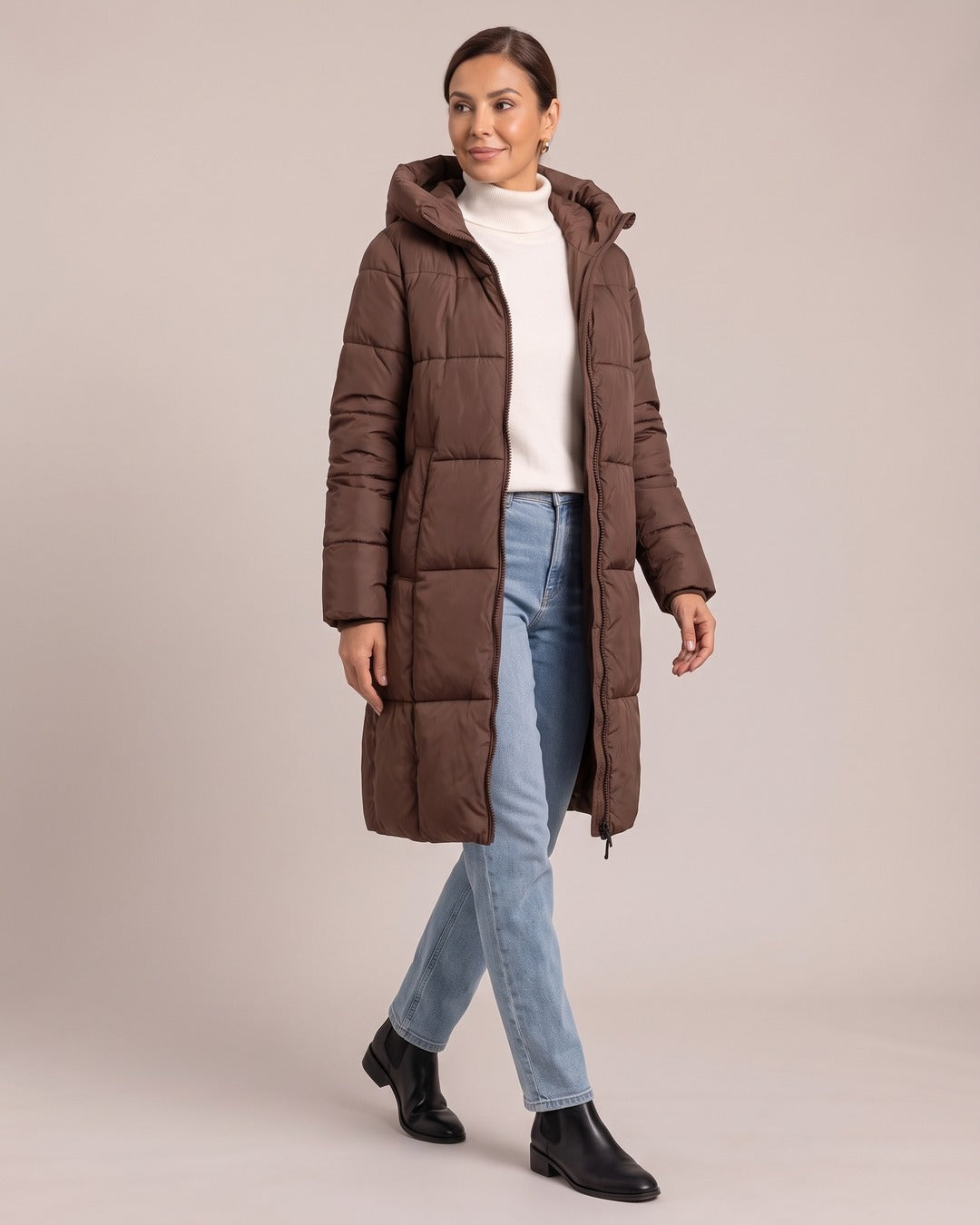 Long Hooded Puffer Coat worn by a model, Brown