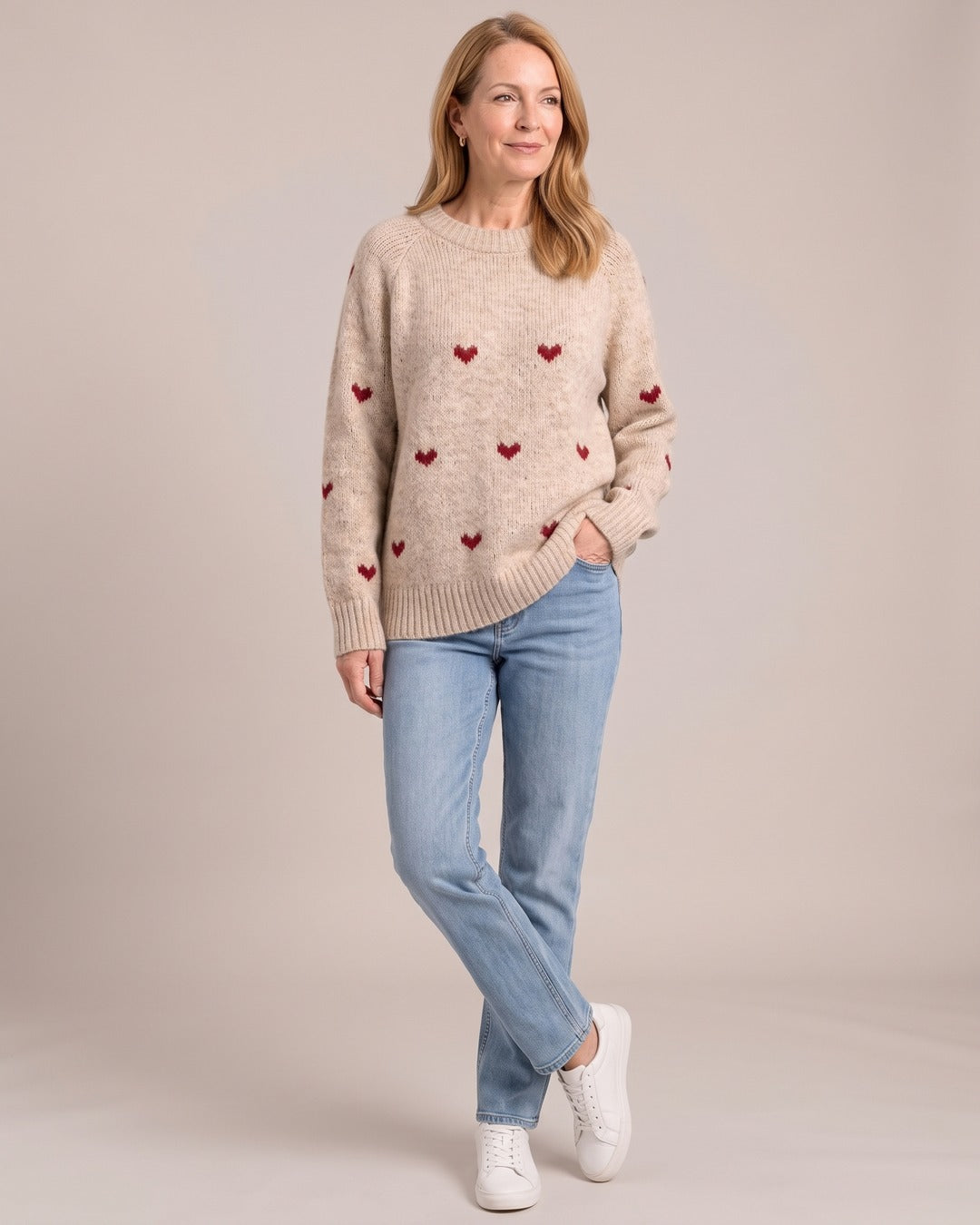 Heart Print Jumper worn by a model, Oatmeal