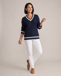 V-Neck Cable Knit Jumper worn by a model