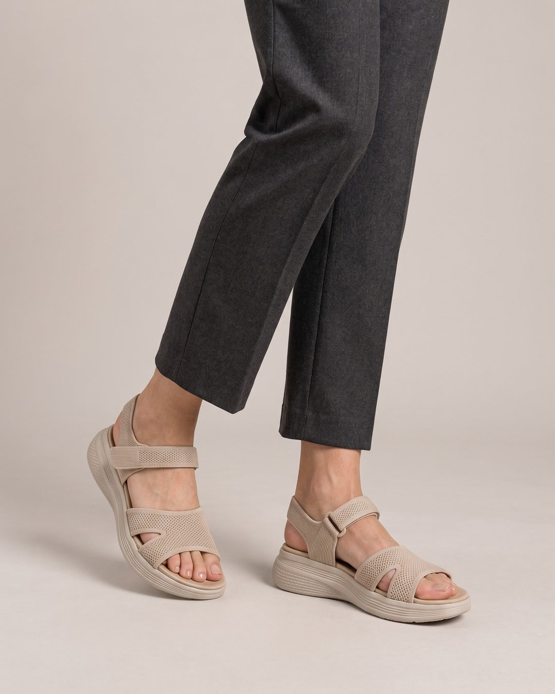 Stretch-Knit Wedge Sandal in Beige, worn