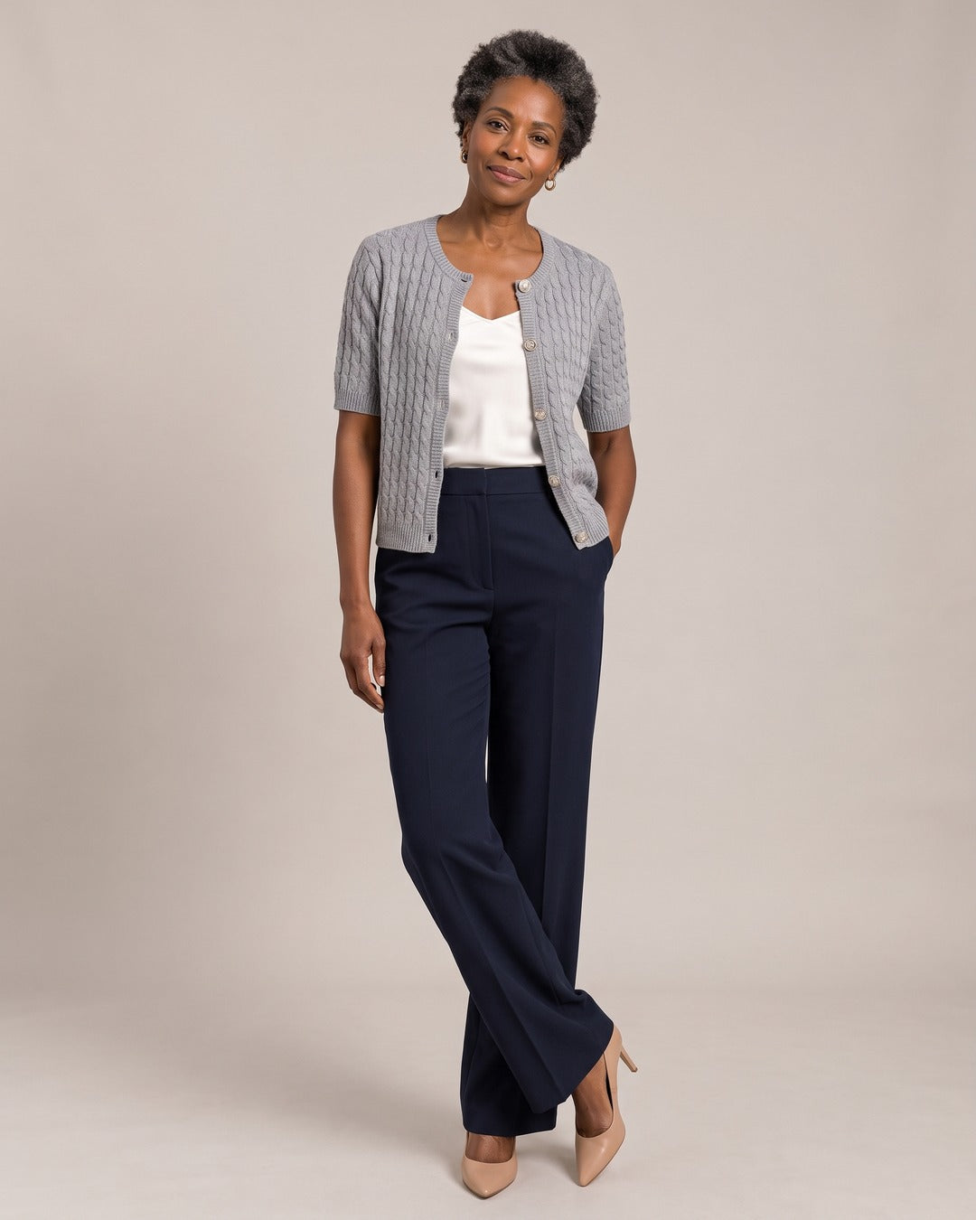 Cable-Knit Short-Sleeve Cardigan worn by a model