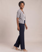 Cable-Knit Short-Sleeve Cardigan worn by a model, side view