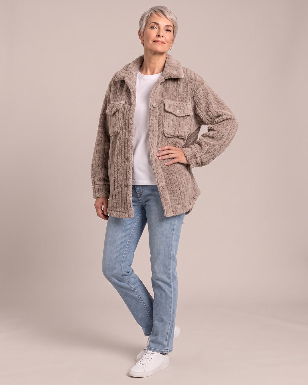 Oversized Teddy Coat worn by a model, Apricot