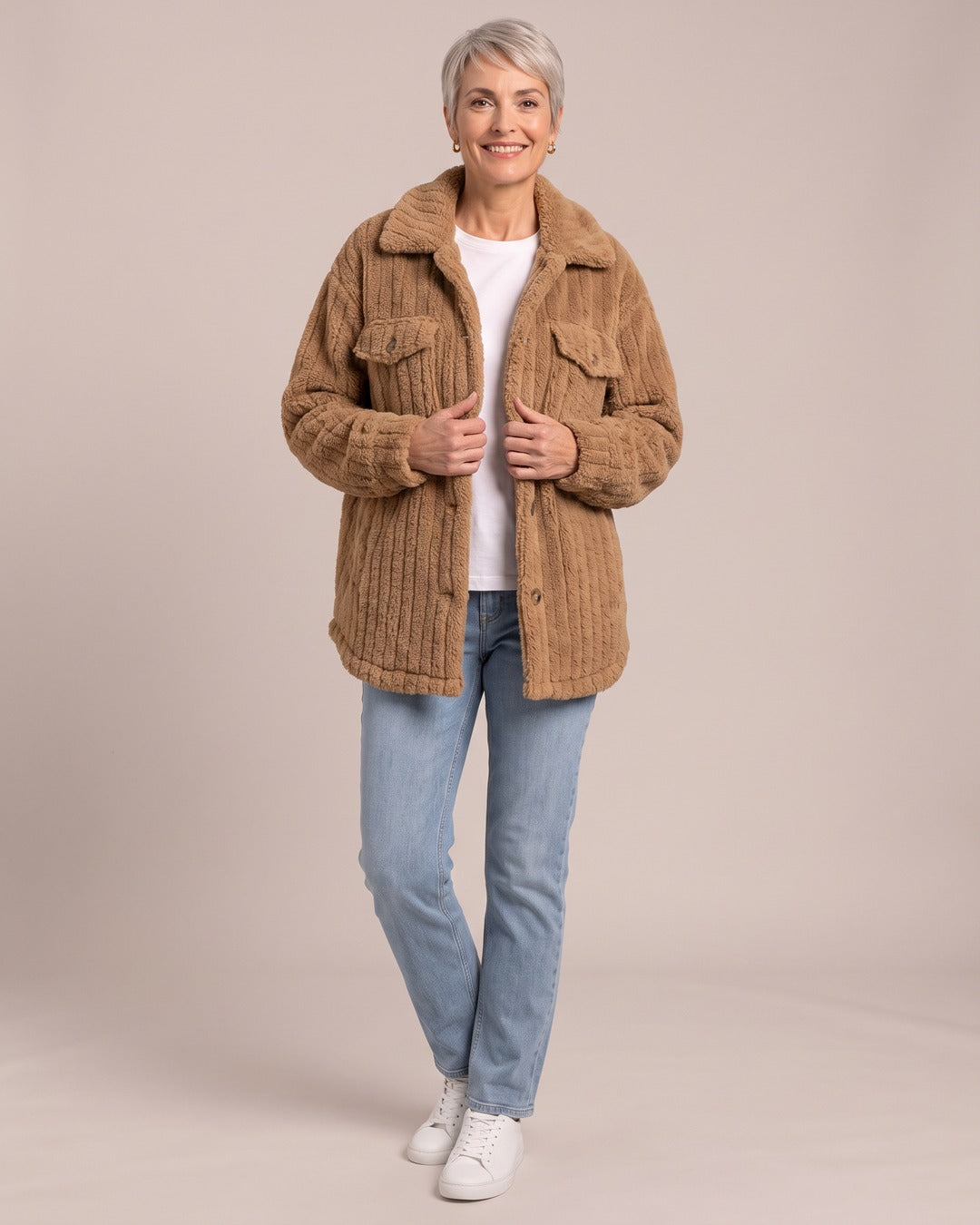 Oversized Teddy Coat worn by a model, Dark Khaki