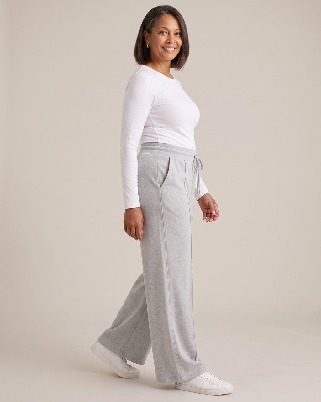 Drawstring Wide-Leg Trousers worn by a model, side view