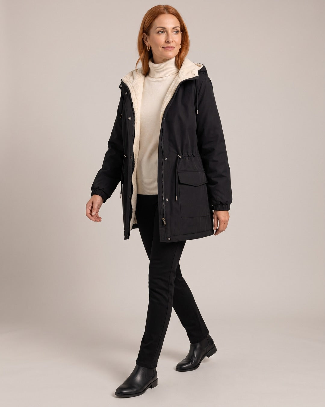 Hooded Long Parka worn by a model