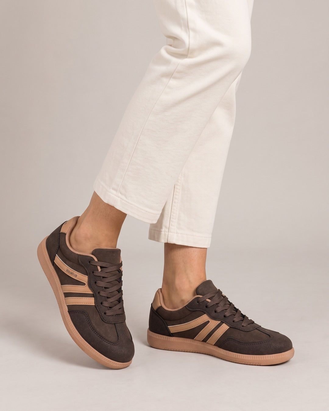 Suede-Look Two-Stripe Trainer in Brown, worn