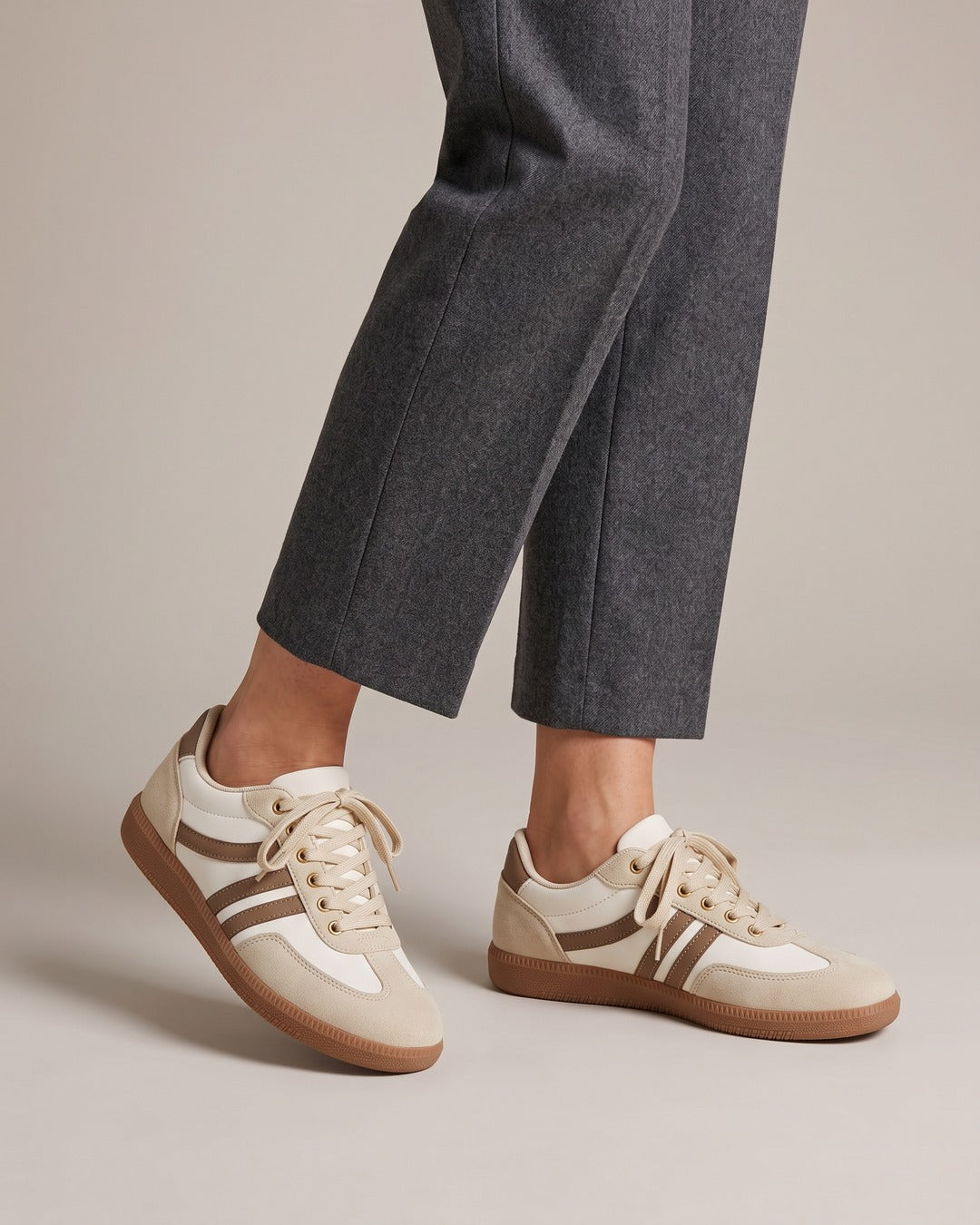 Suede-Look Two-Stripe Trainer in Cream, worn