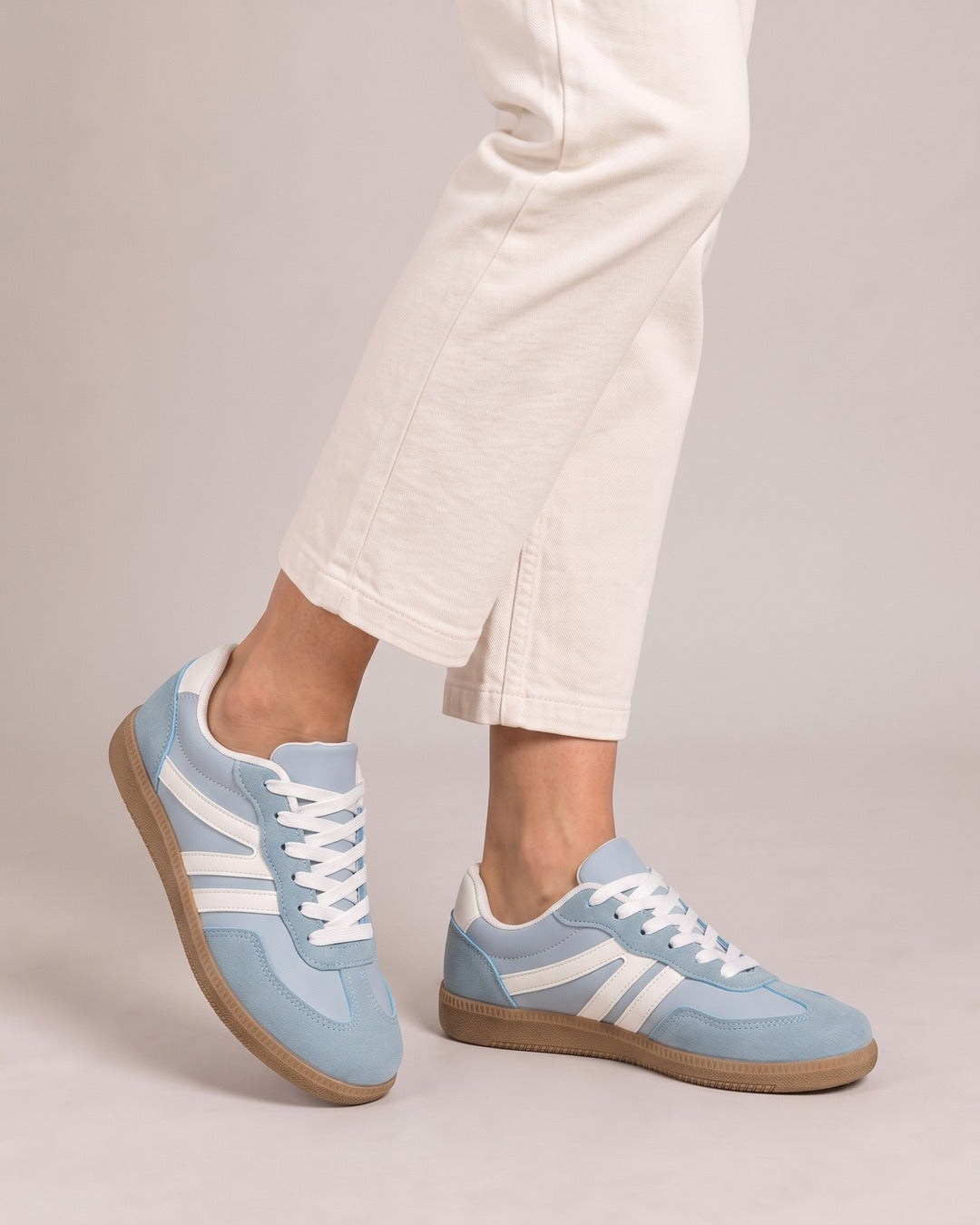 Suede-Look Two-Stripe Trainer in Sky Blue, worn