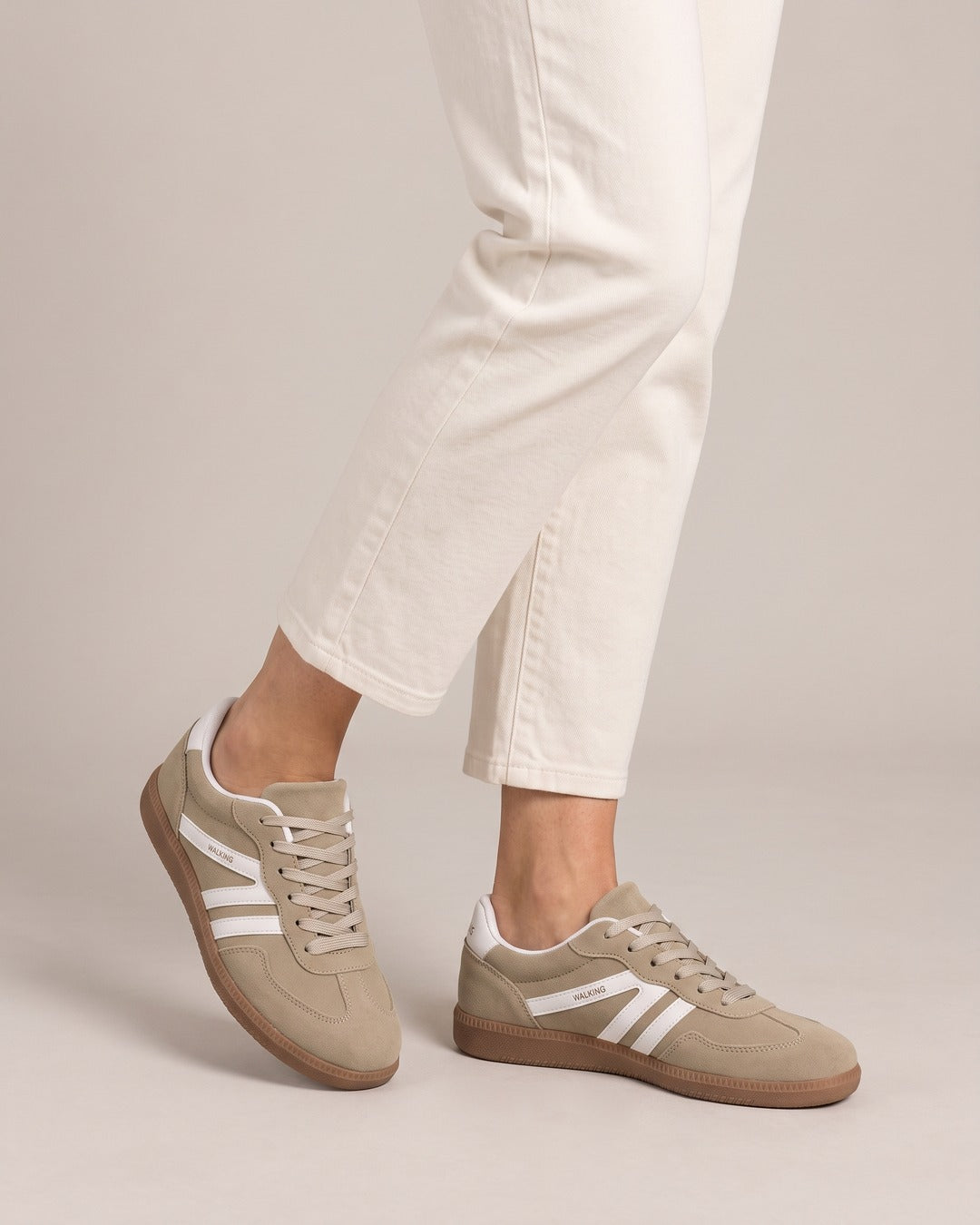 Suede-Look Two-Stripe Trainer in Taupe, worn