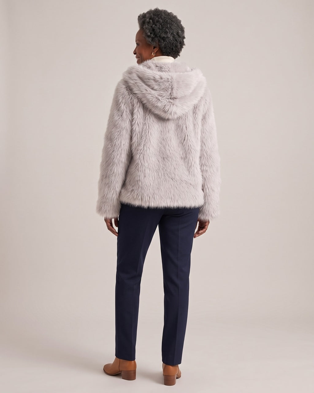 Hooded Faux Fur Jacket worn by a model, back view