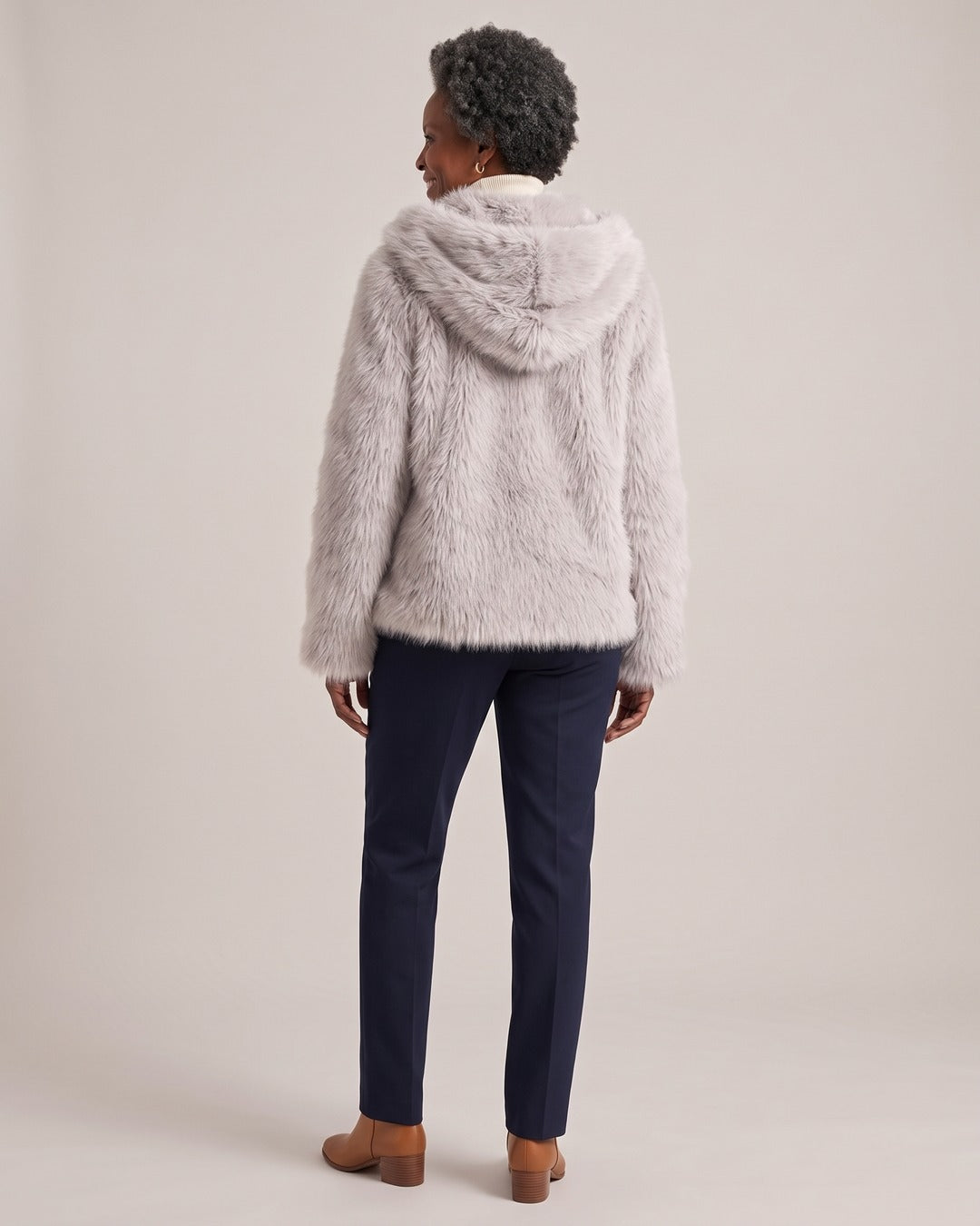 Hooded Faux Fur Jacket worn by a model, back view