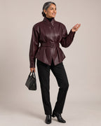 Belted Leather-Look Stand-Collar Jacket worn by a model