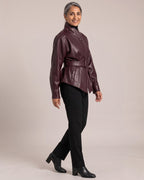 Belted Leather-Look Stand-Collar Jacket worn by a model, side view