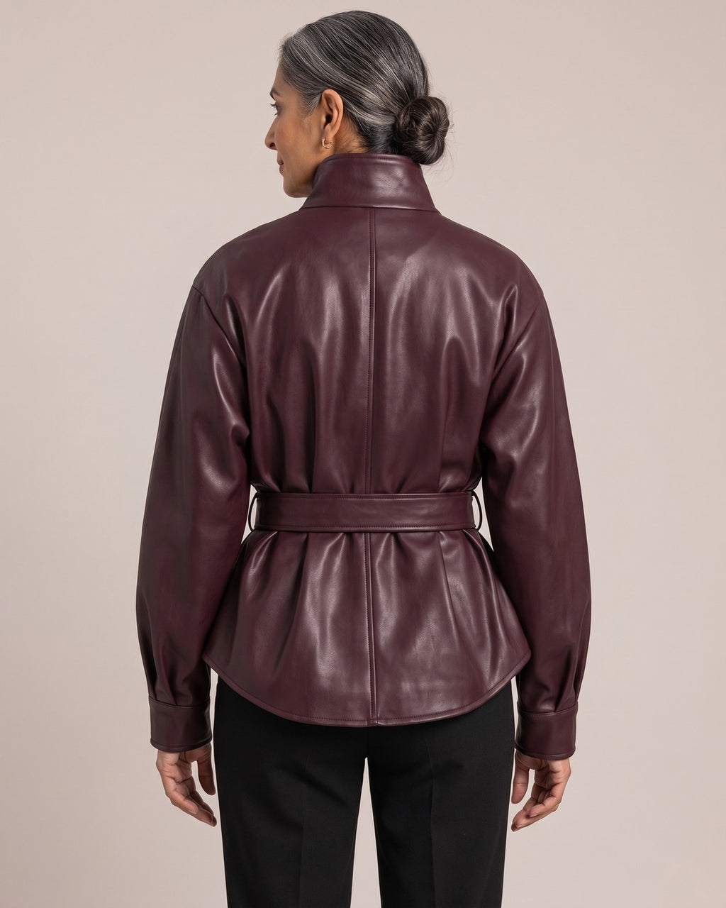 Belted Leather-Look Stand-Collar Jacket worn by a model, back view