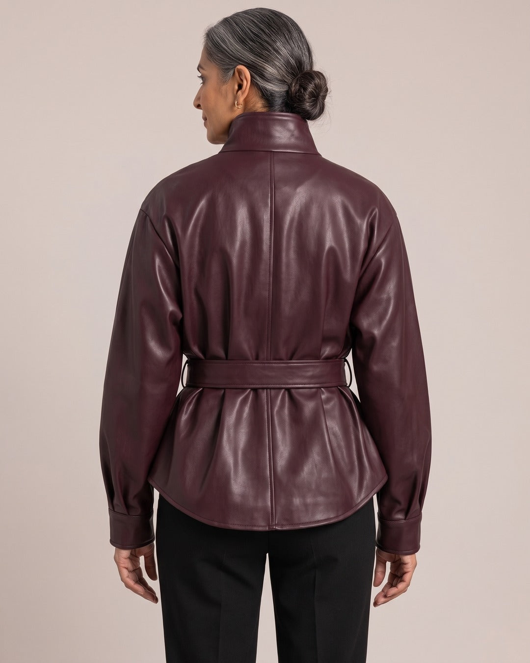 Belted Leather-Look Stand-Collar Jacket worn by a model, back view