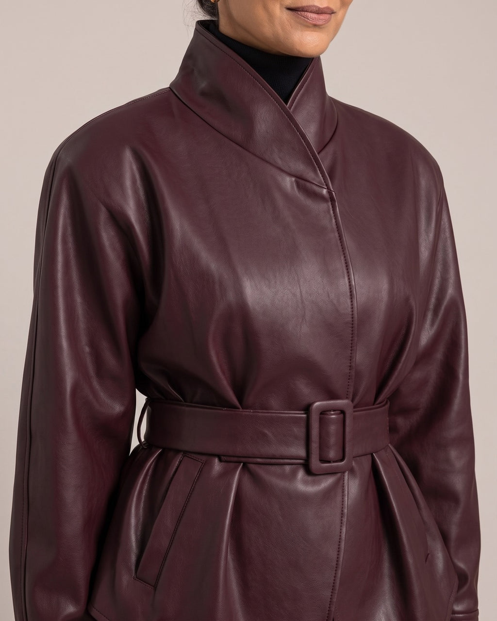 Belted Leather-Look Stand-Collar Jacket close-up detail