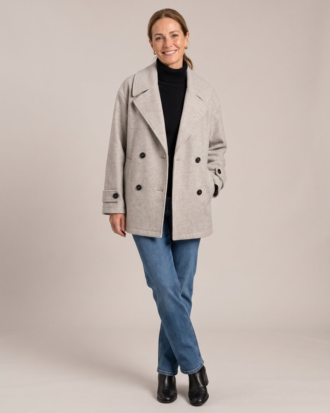 Button-Front Long Coat worn by a model