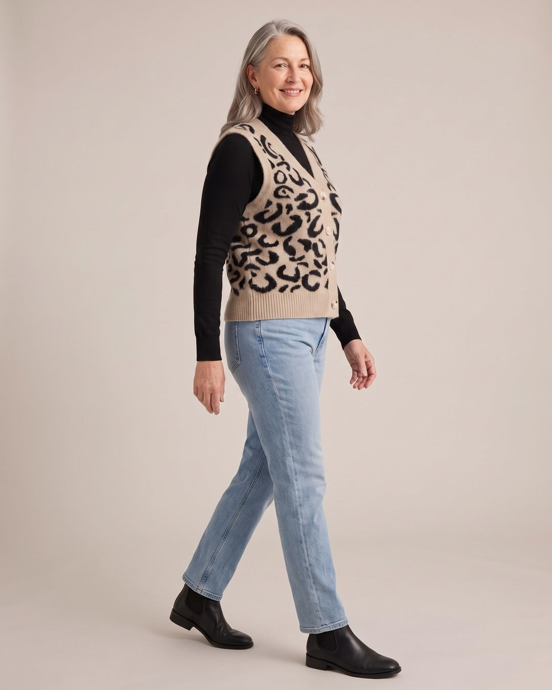 Violet | Leopard Knit Vest worn by a model, side view