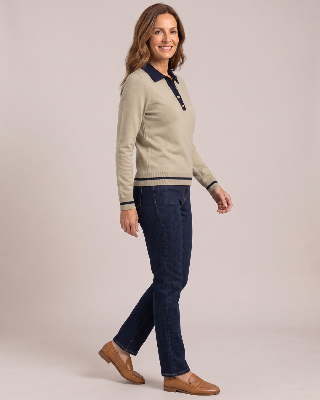 Isadora | Button-Placket Polo Jumper worn by a model, side view
