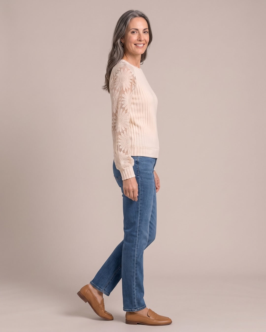 Octavia | Lace-Sleeve Ribbed Jumper worn by a model, side view