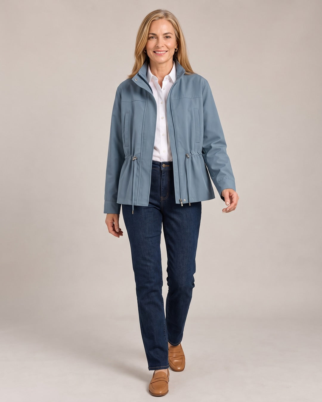 Drawstring Waist Utility Jacket worn by a model