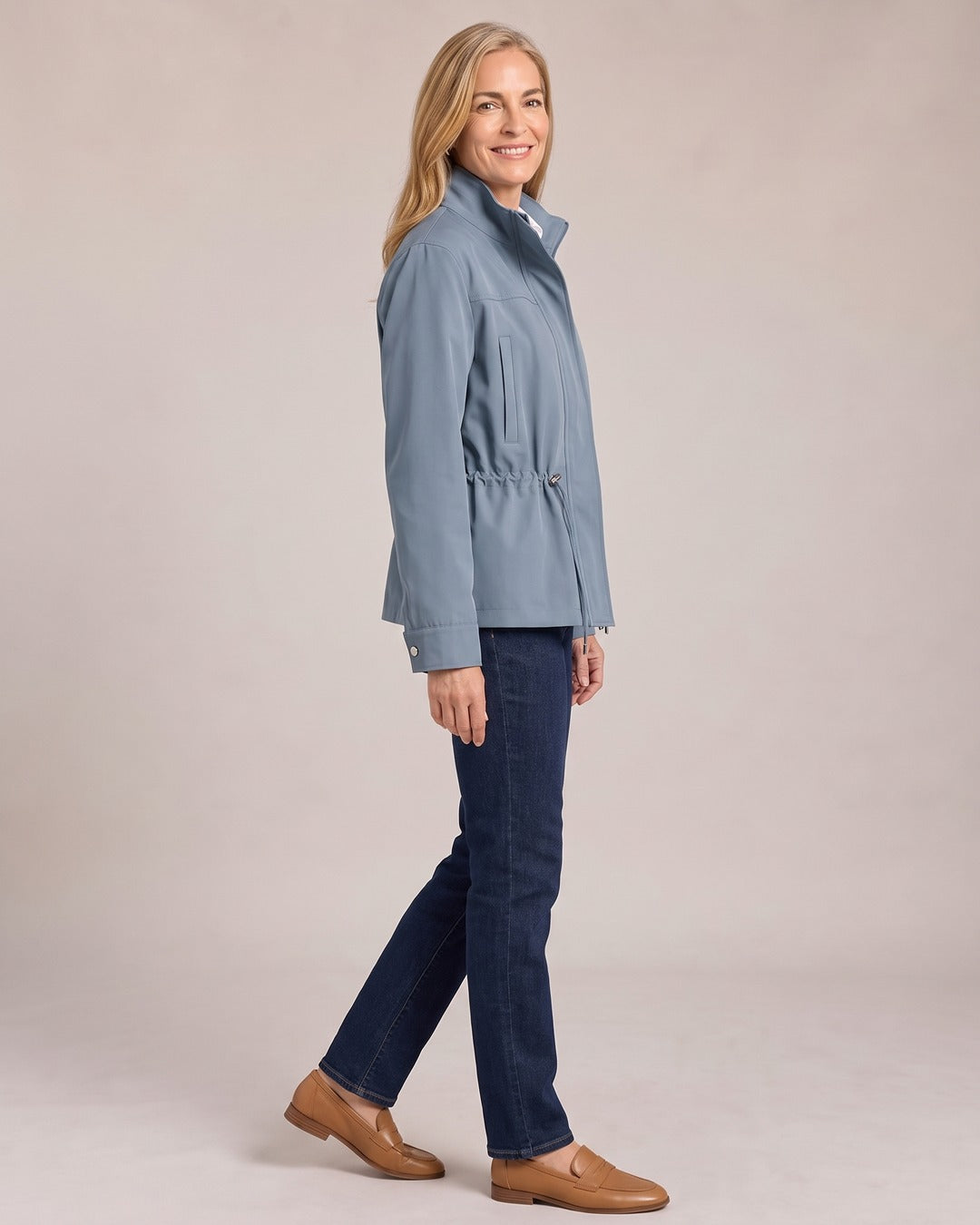 Drawstring Waist Utility Jacket worn by a model, side view