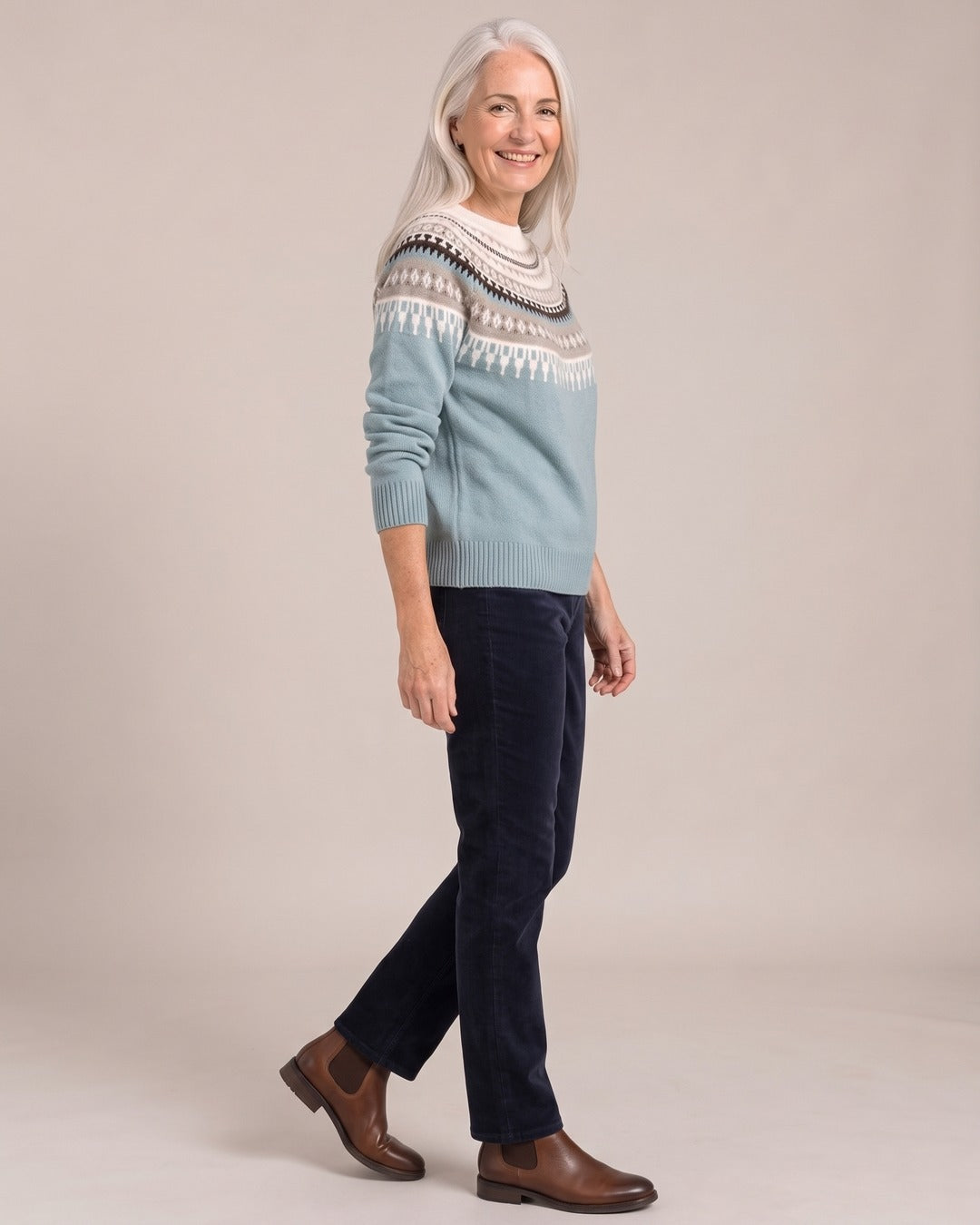 Fair Isle Crew-Neck Jumper worn by a model, side view