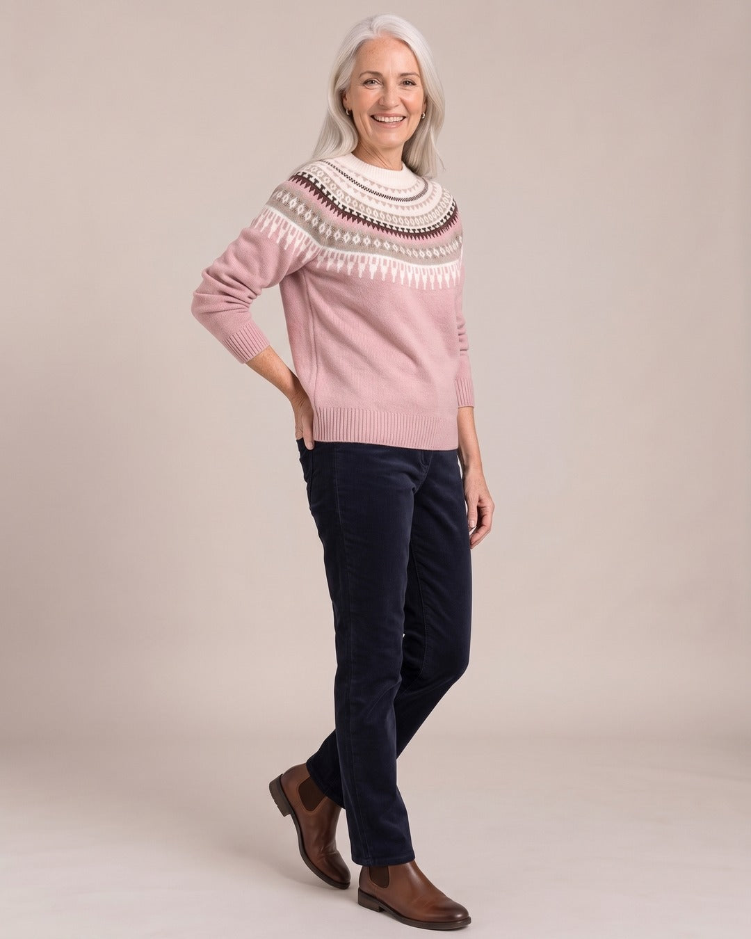 Fair Isle Crew-Neck Jumper worn by a model, Pink Nordic