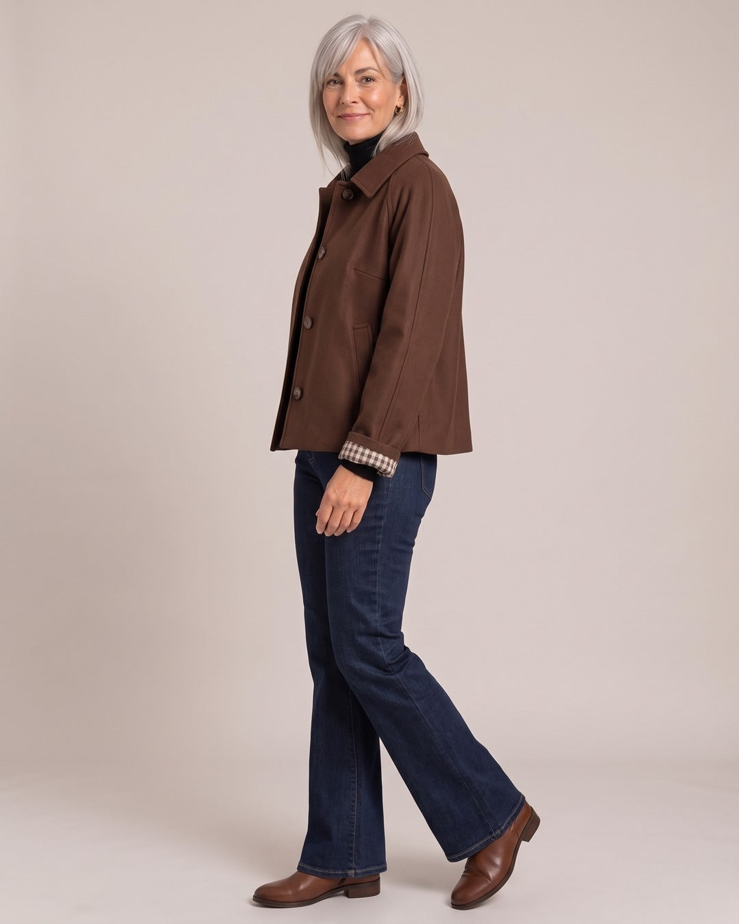Lightweight Button Jacket worn by a model, side view, Dark Brown