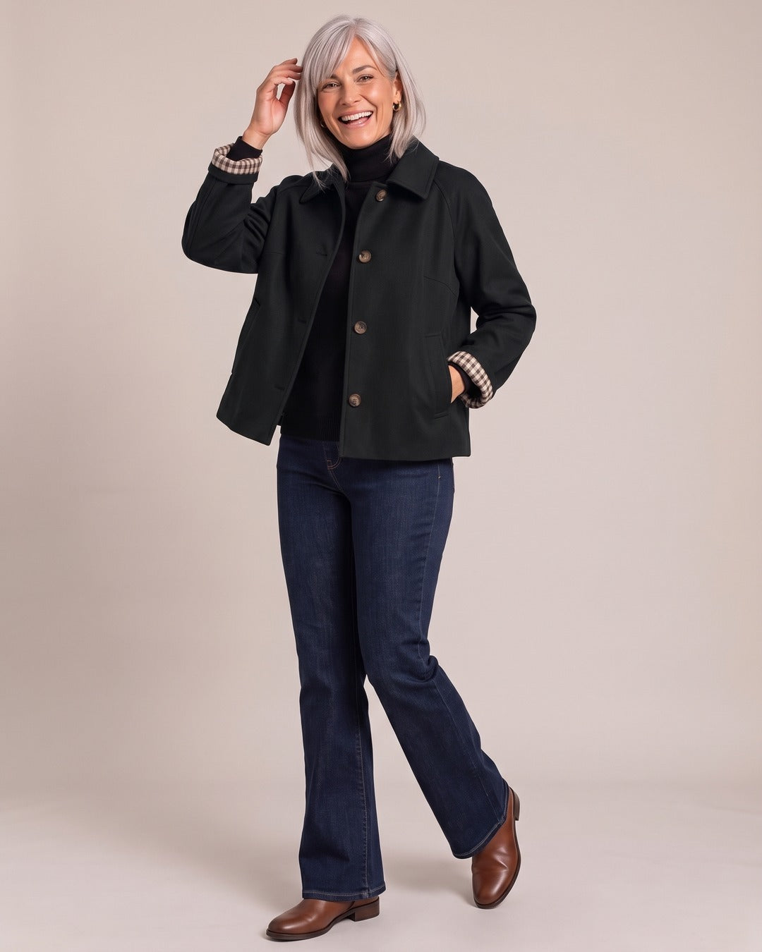 Lightweight Button Jacket worn by a model, Black