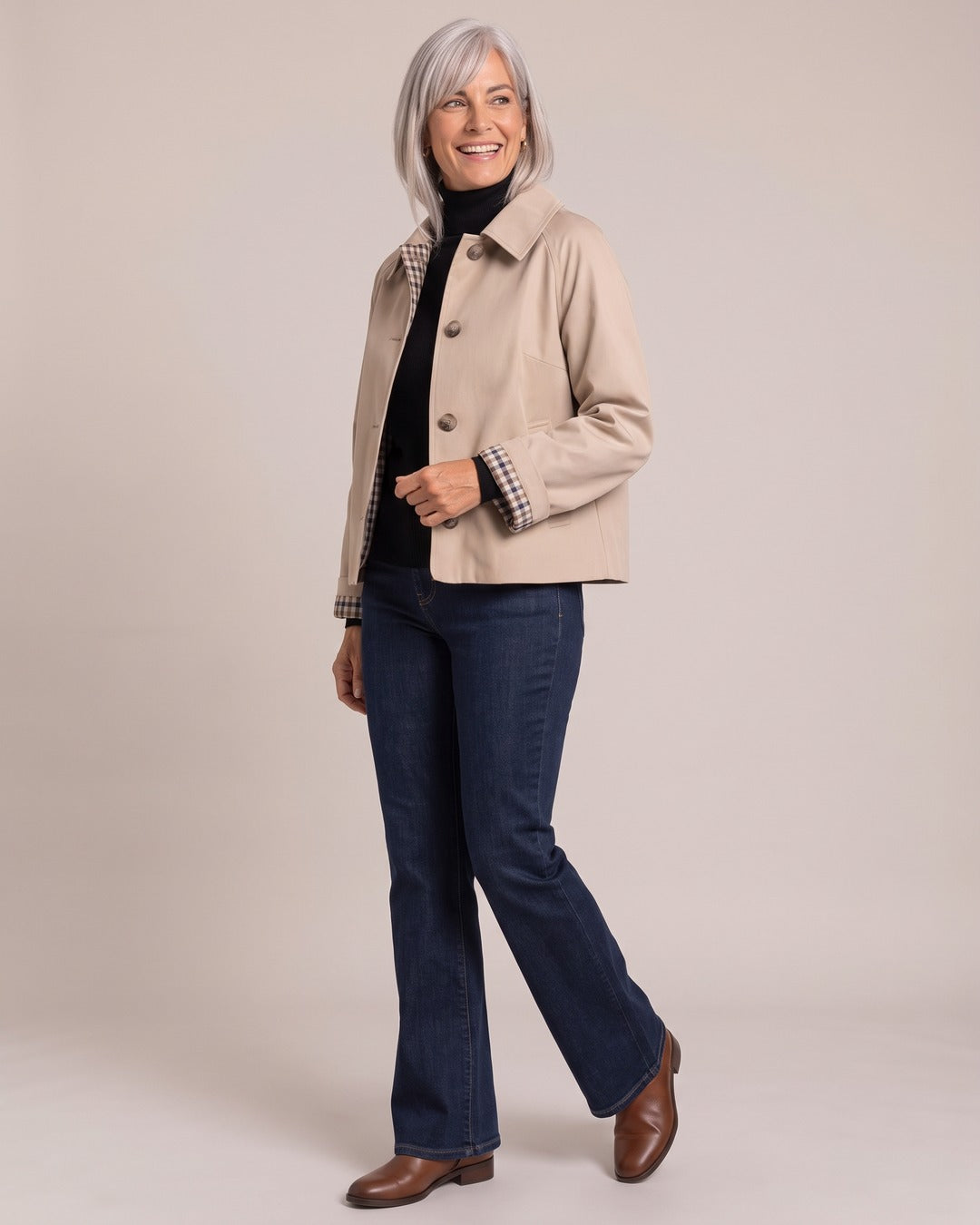 Lightweight Button Jacket worn by a model, Khaki
