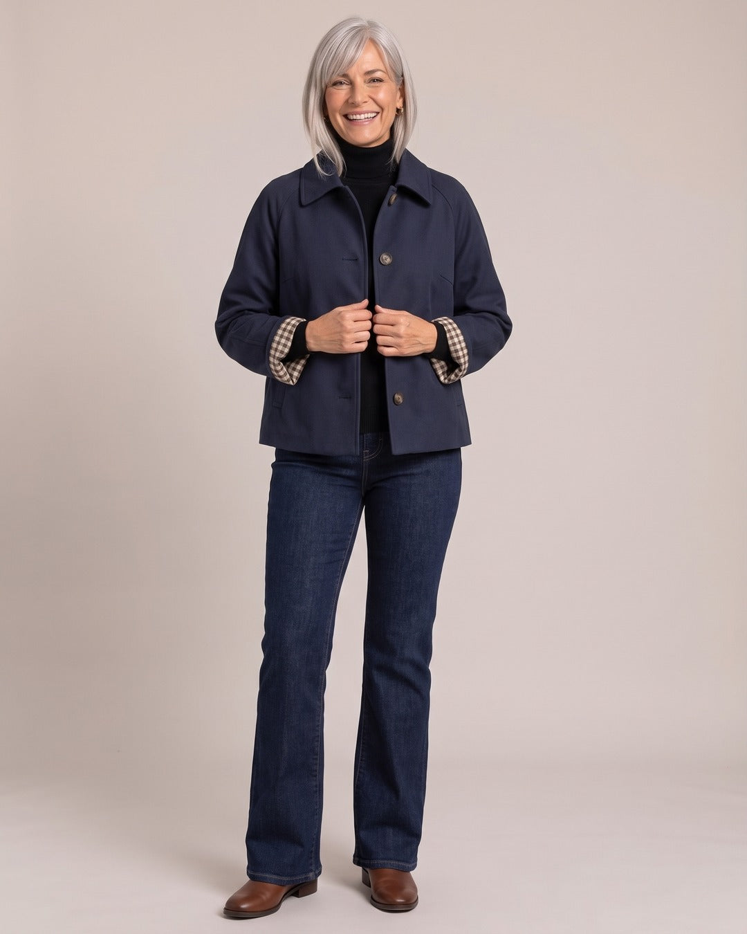 Lightweight Button Jacket worn by a model, Navy