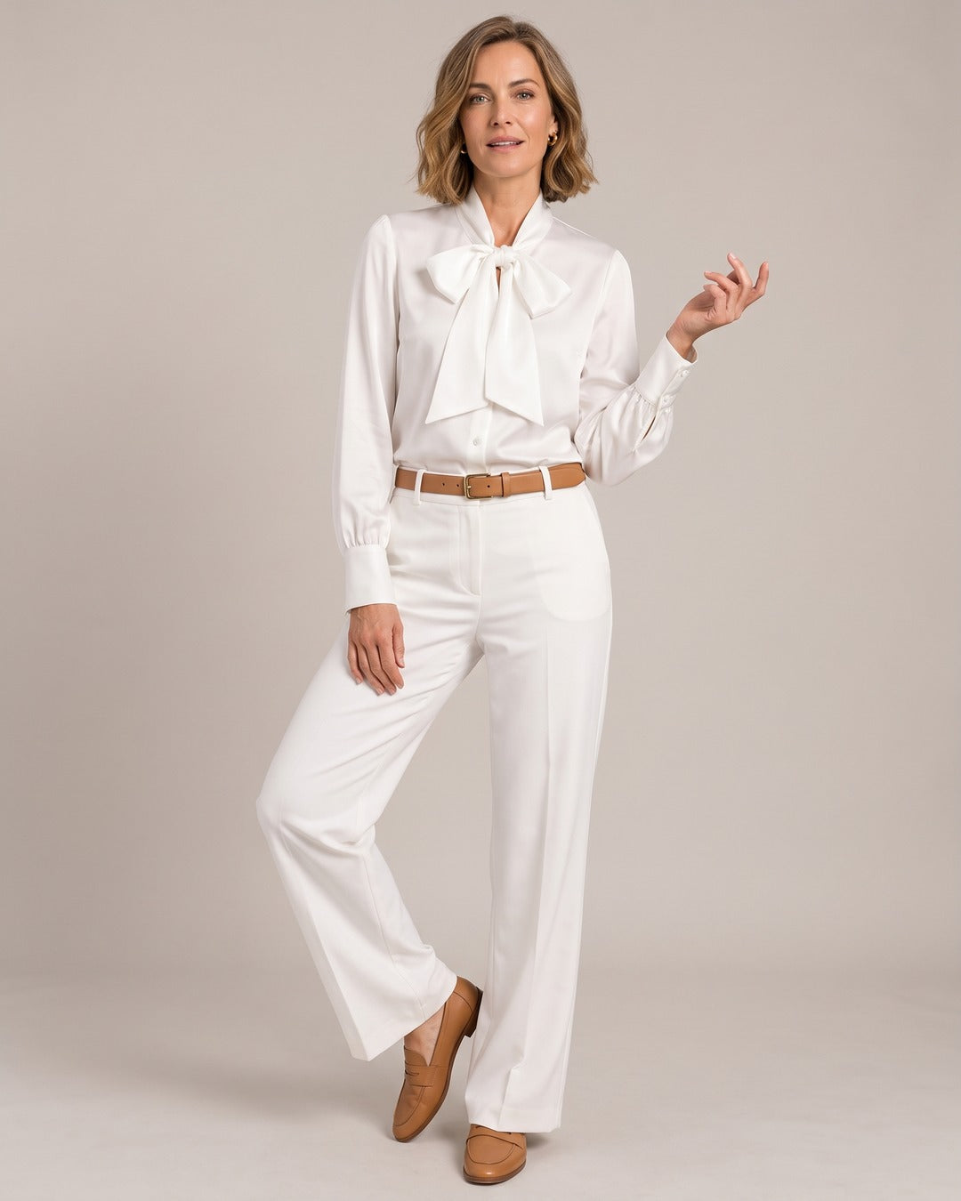 Satin-Look Bow Blouse worn by a model