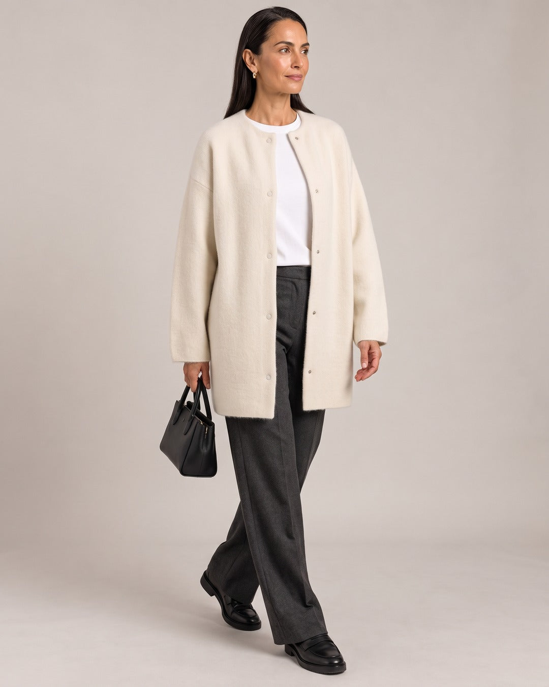 Longline Knit Cardigan Coat worn by a model