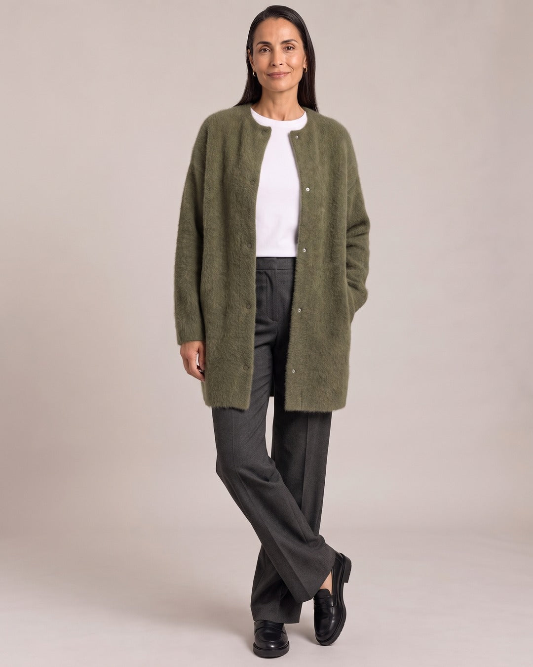 Longline Knit Cardigan Coat worn by a model, Olive