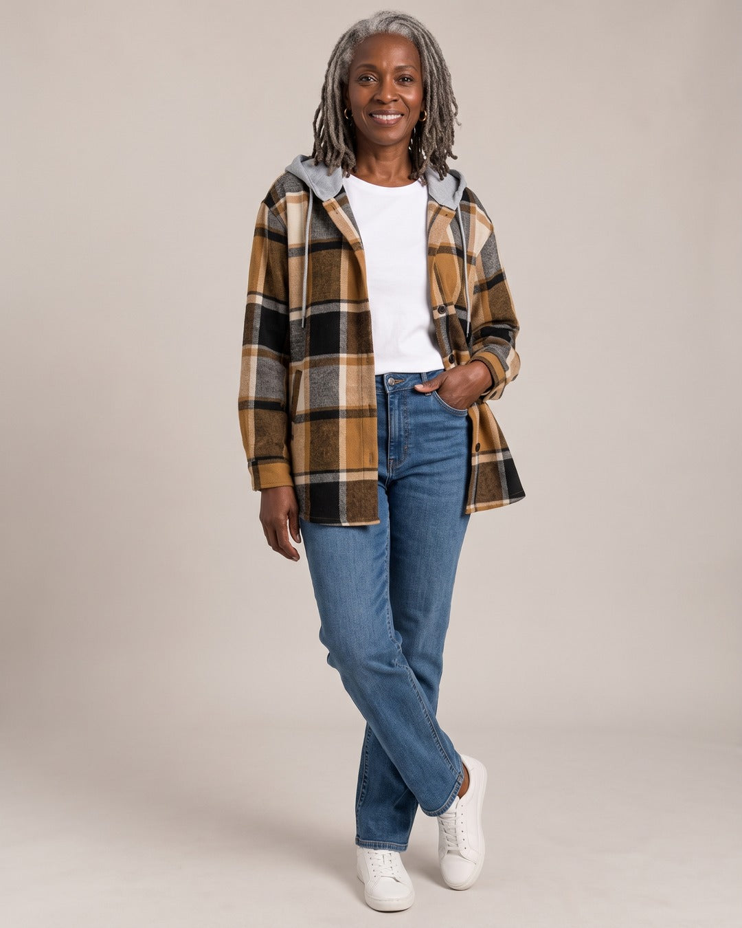 Hooded Check Shirt Jacket worn by a model