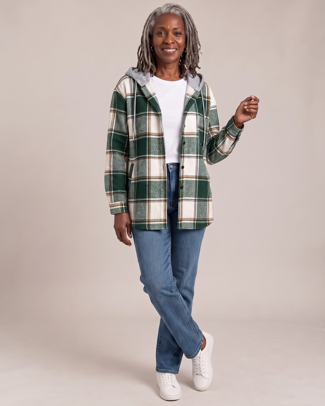 Hooded Check Shirt Jacket worn by a model, Green Check