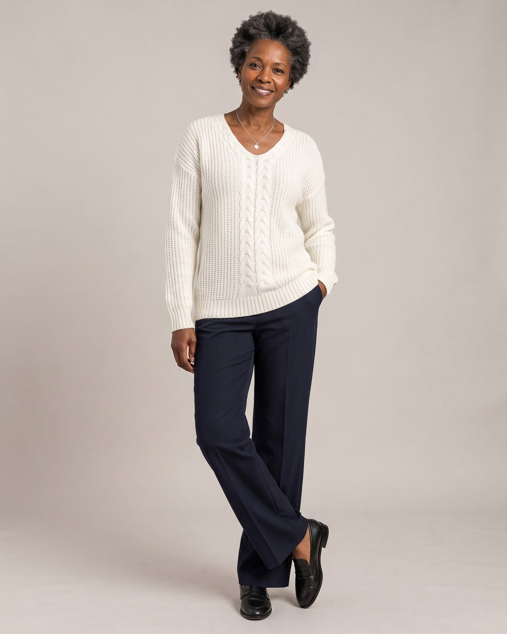 V-Neck Cable-Knit Jumper worn by a model
